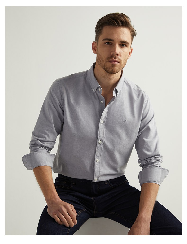 daniel hechter /丹尼爱特 男士全棉牛津纺休闲百搭纽扣领衬衫 白色