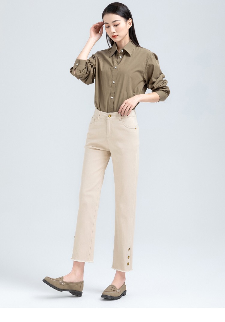 品牌卡其色直筒裤女2022新款春季休闲女裤显瘦高腰九分烟管裤米色26