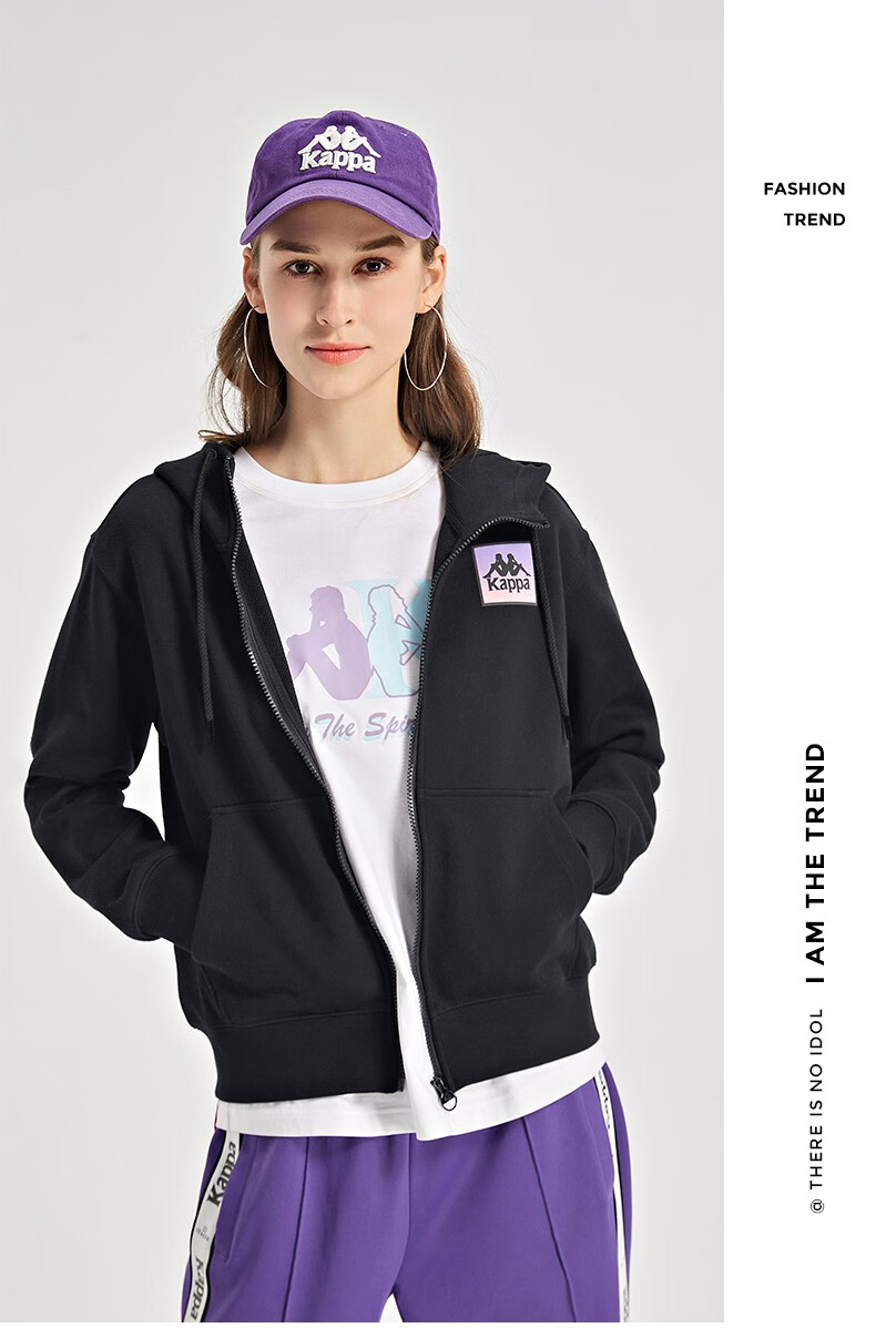 kappa卡帕开身帽衫2022新款女运动卫衣休闲图案印花外套k0c22mk63黑色