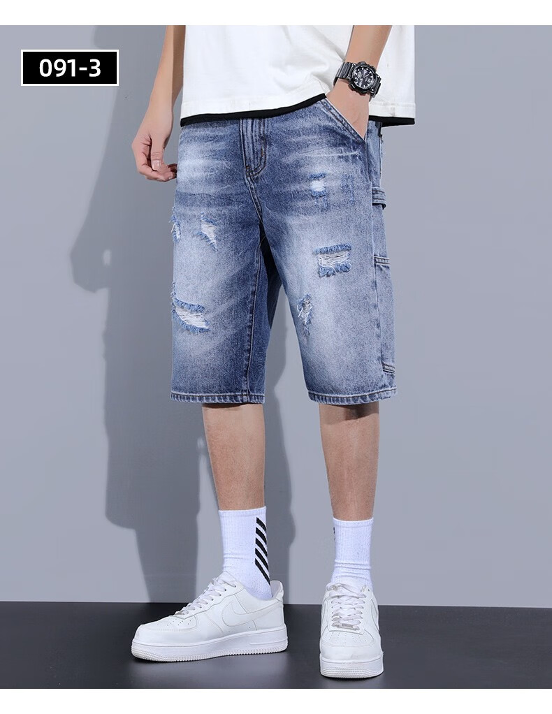 lee cooper 短裤男2022夏季薄款潮牌破洞牛仔中裤薄款休闲韩版潮流