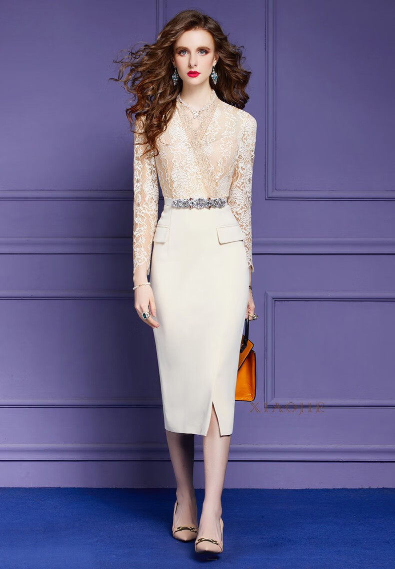 筱界品牌女装蕾丝连衣裙女2022春装新款法式v领收腰拼接职业裙子咖啡