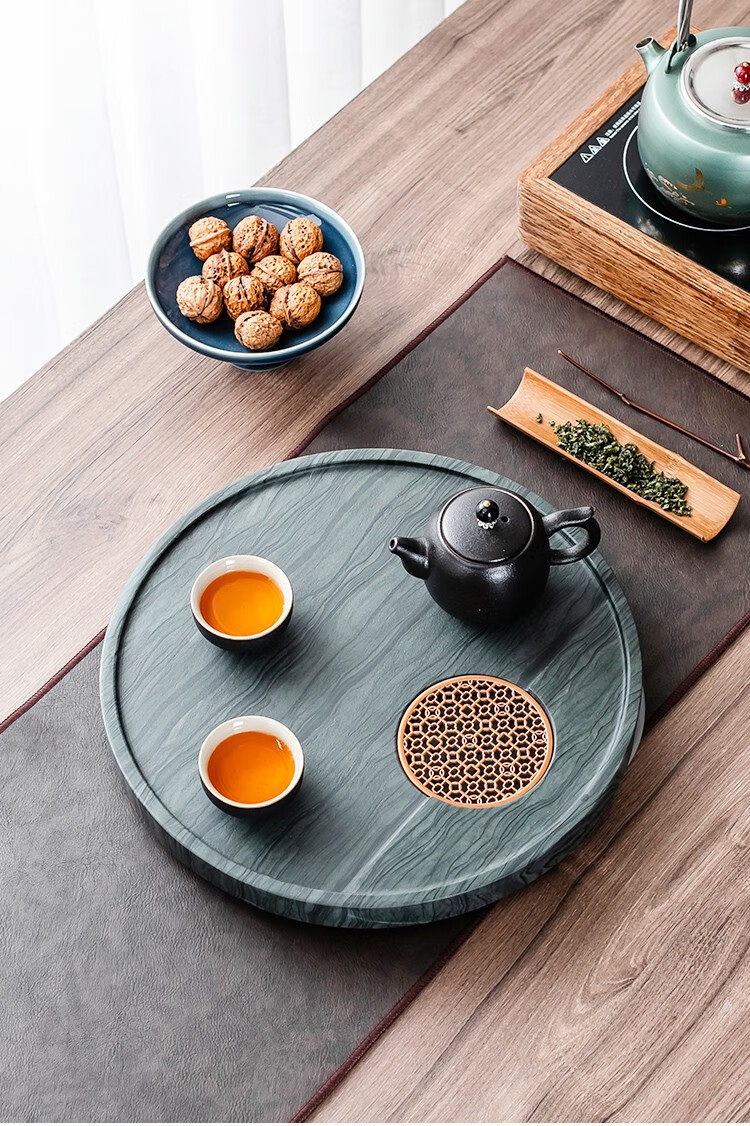 初石 现代简约木纹石茶盘中式苏窗镂空排水茶台茶楼会客创意功夫茶具