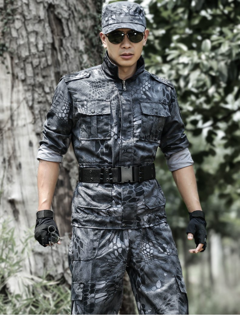 郗洋蟒纹迷彩服套装男户外作训服军训服女春秋男士耐磨劳保工作服黑色