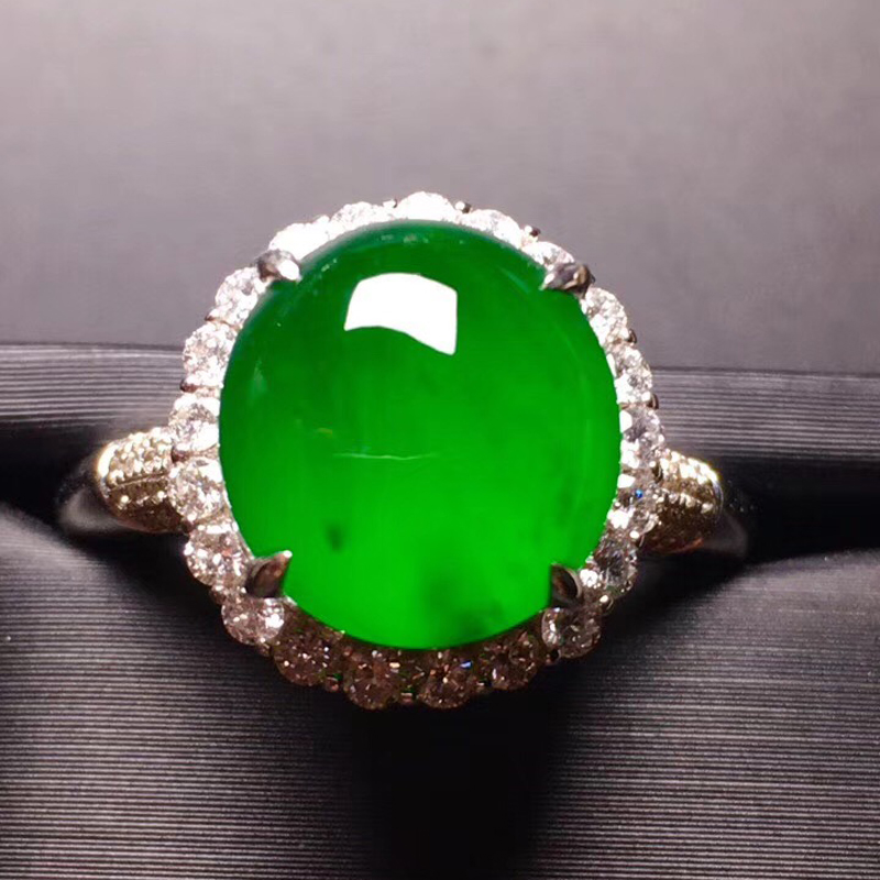 绿翠天成 翡翠满绿女戒指 冰种翡翠缅甸天然a货玉石蛋面翡翠手饰18k金