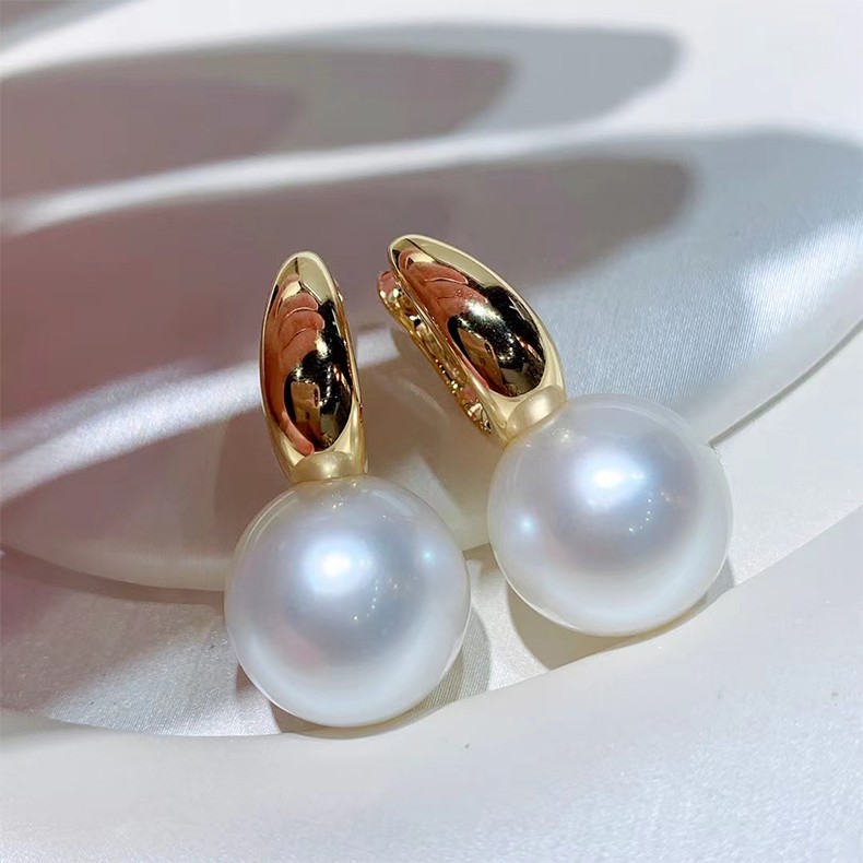 莫氏珠宝澳洲南洋海水白珍珠耳环18k光金厚金耳圈简约水桶款拼色正圆