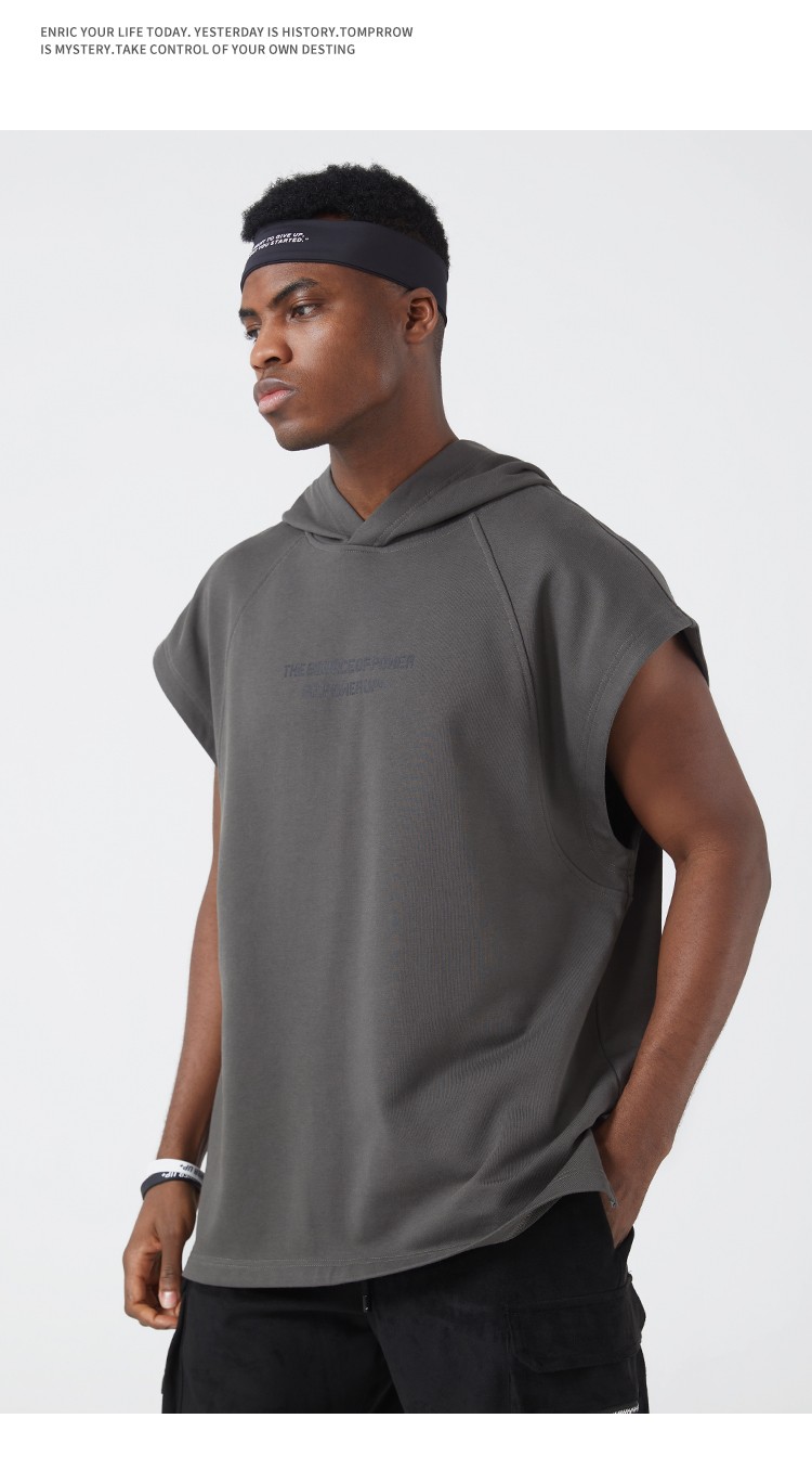 bdpowerup新款运动背心男健身训练大码毛圈无袖帽衫宽松百搭灰色l