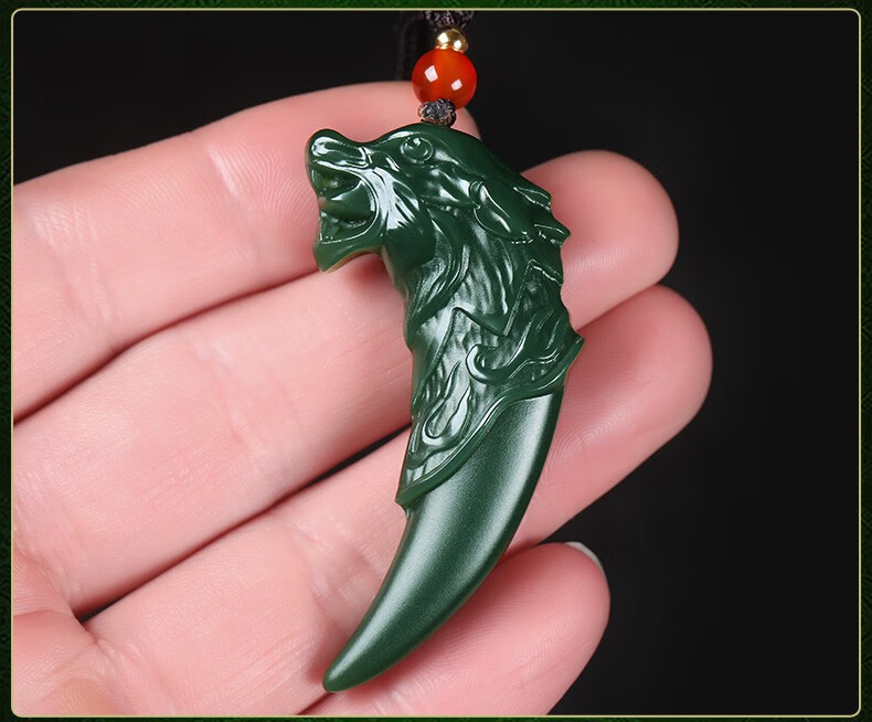 瑱瑜珠宝和田玉青玉狼牙吊坠霸气男款天然玉石挂件玉坠塔青细料含证