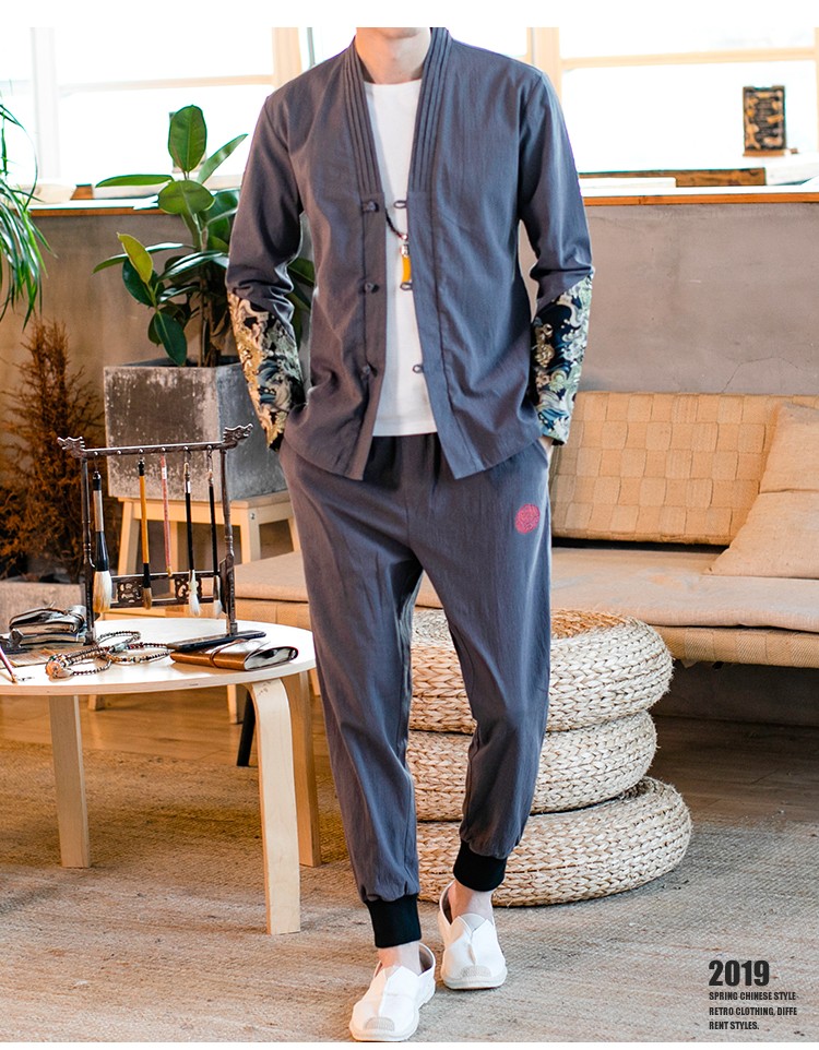 花花公子棉麻套装男士2020夏装新品唐装男中国风汉服大码立领中山装