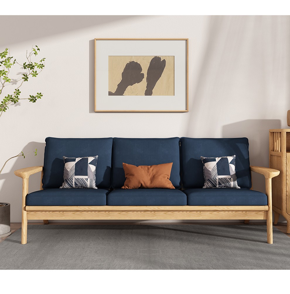 全实木沙发 北欧白蜡木客厅家具 布艺沙发组合 小户型原木色沙发 冬夏