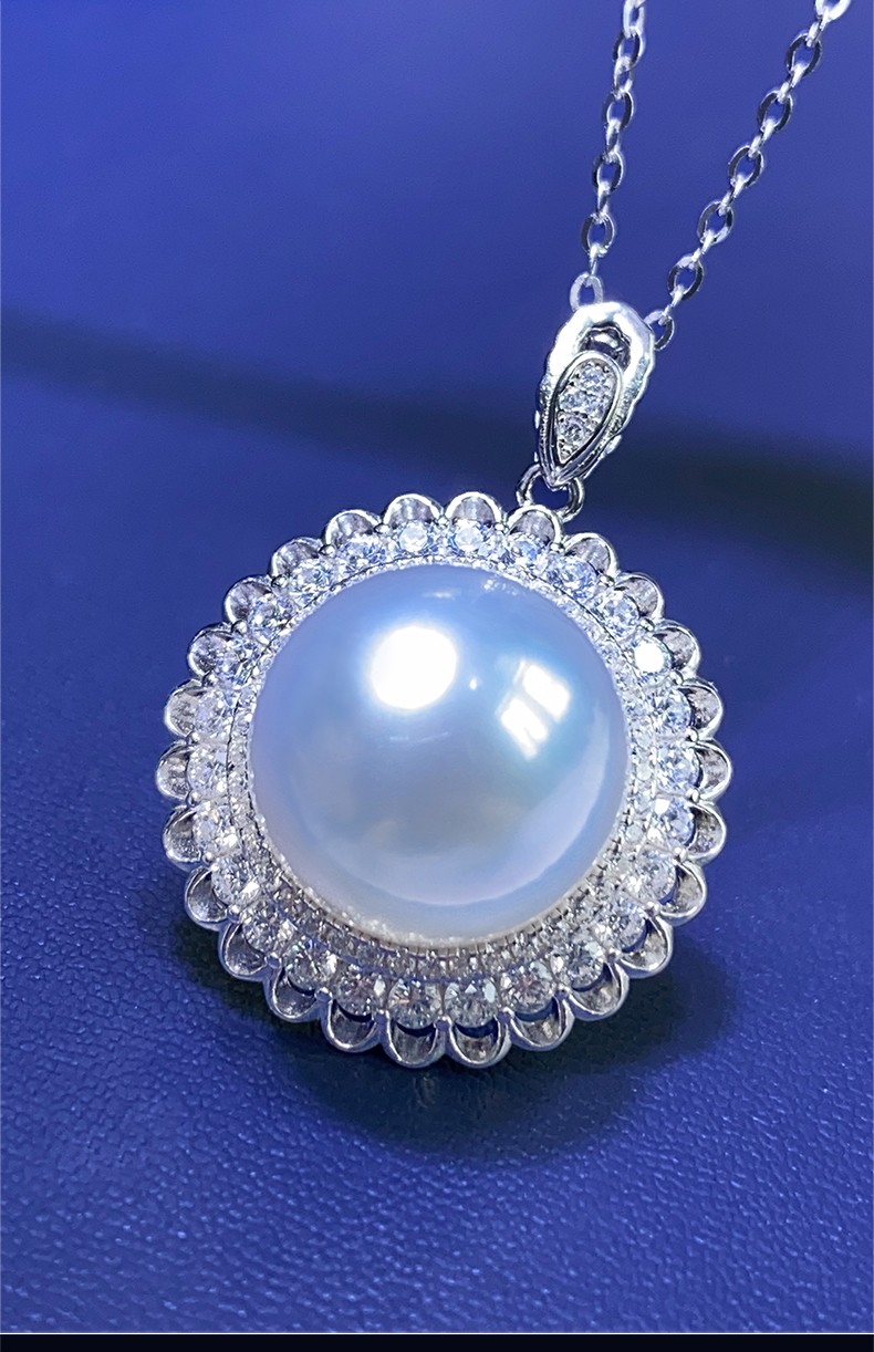 莫氏珠宝澳白南洋珍珠吊坠18k金镶钻石海水珍珠吊坠正圆无瑕强光优雅