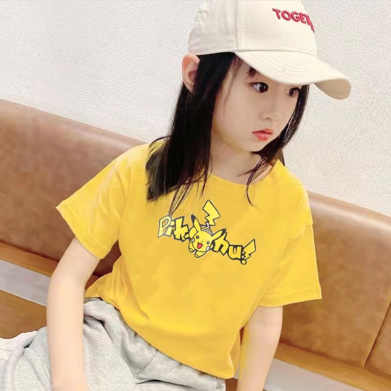 皮卡丘纯色t恤母女亲子装312岁小女孩中大童可爱上衣打底衫黄色妈妈m