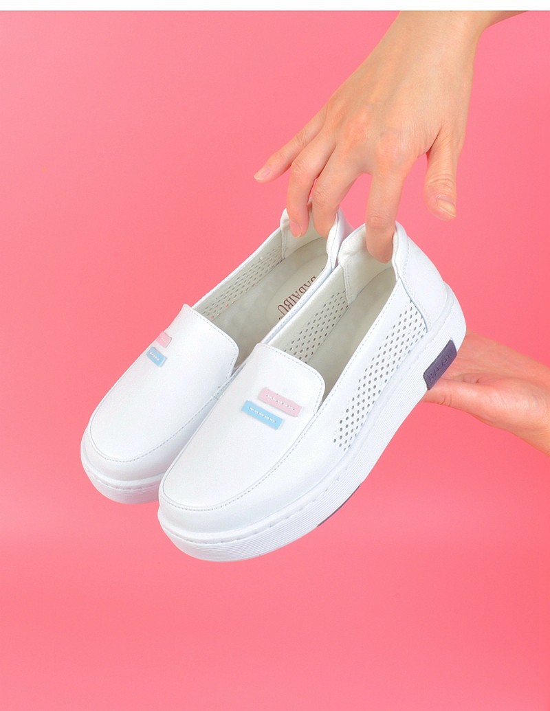 吧佰布头层牛皮护士鞋女白色软底轻便舒适医院工作鞋厚底浅口防滑单鞋