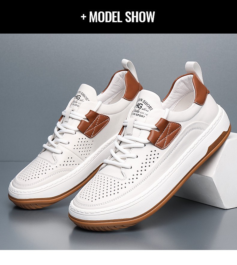 hangten欢腾男鞋精选优质牛皮2022年夏季薄款皮鞋男士休闲板鞋打孔