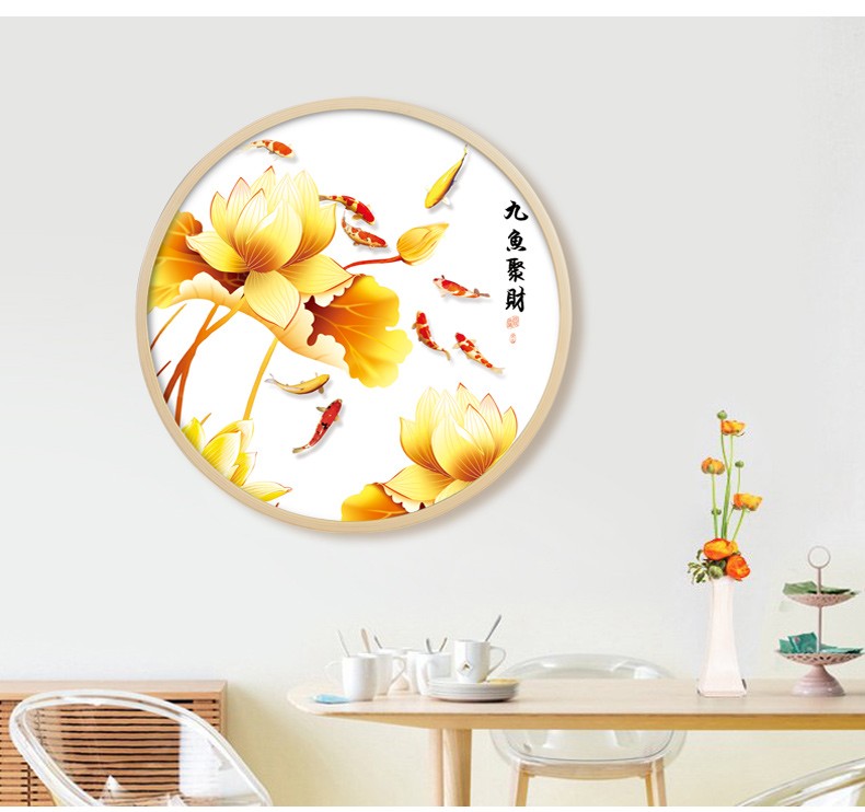 餐厅装饰画新中式实木圆形画框客厅卧室壁画玄关过道动物现代简约免