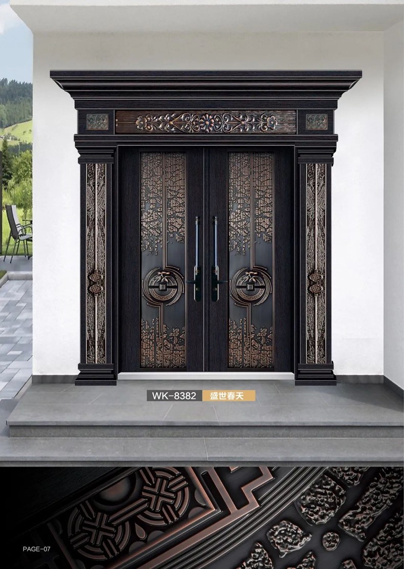 康富欧亚铸铝门别墅大门精雕铸铝双开门中式精品仿铜防爆户外防盗门
