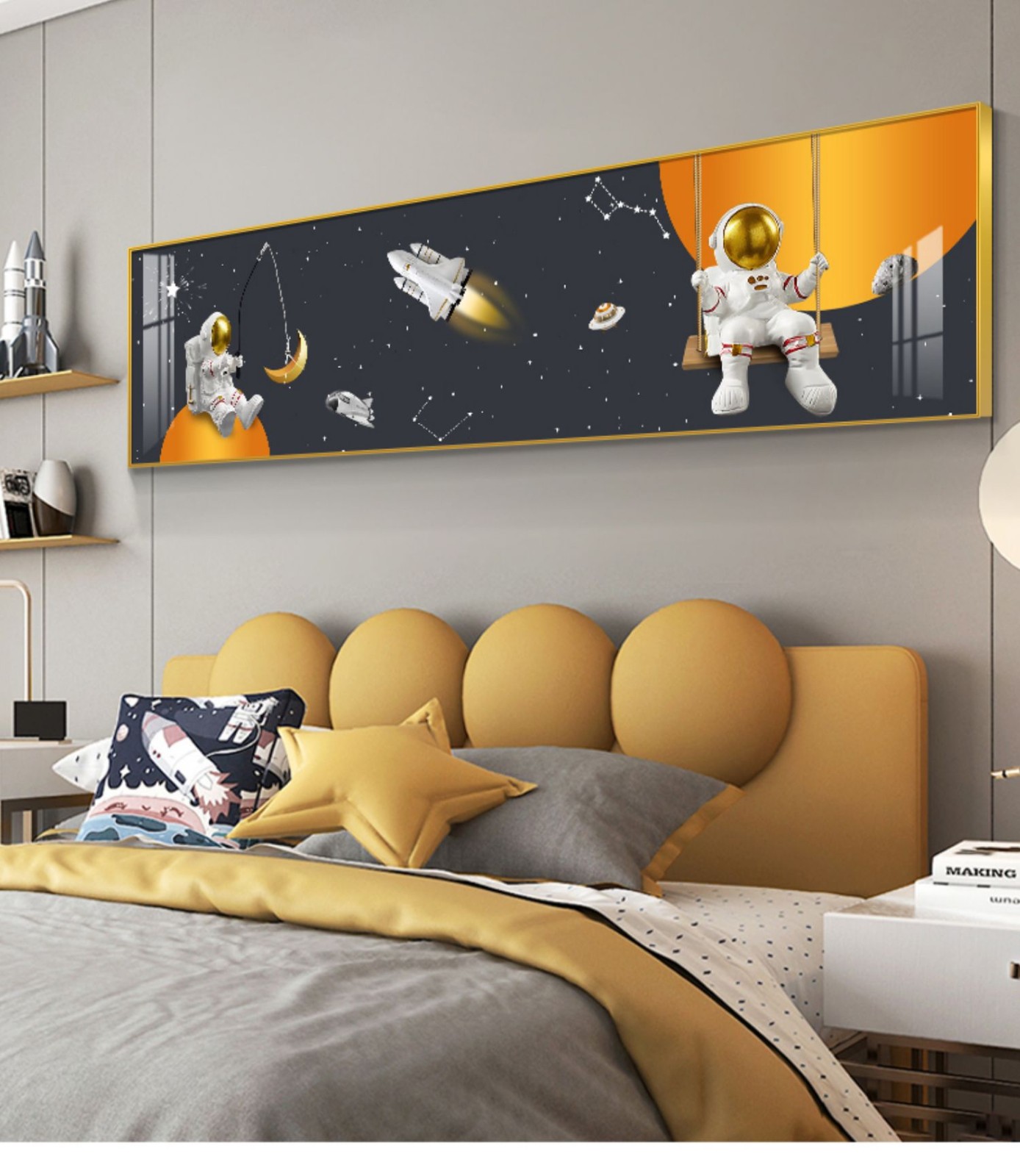 诺梵墨 儿童房装饰画橙色太空宇航员床头壁画儿童节礼物男孩横幅房间
