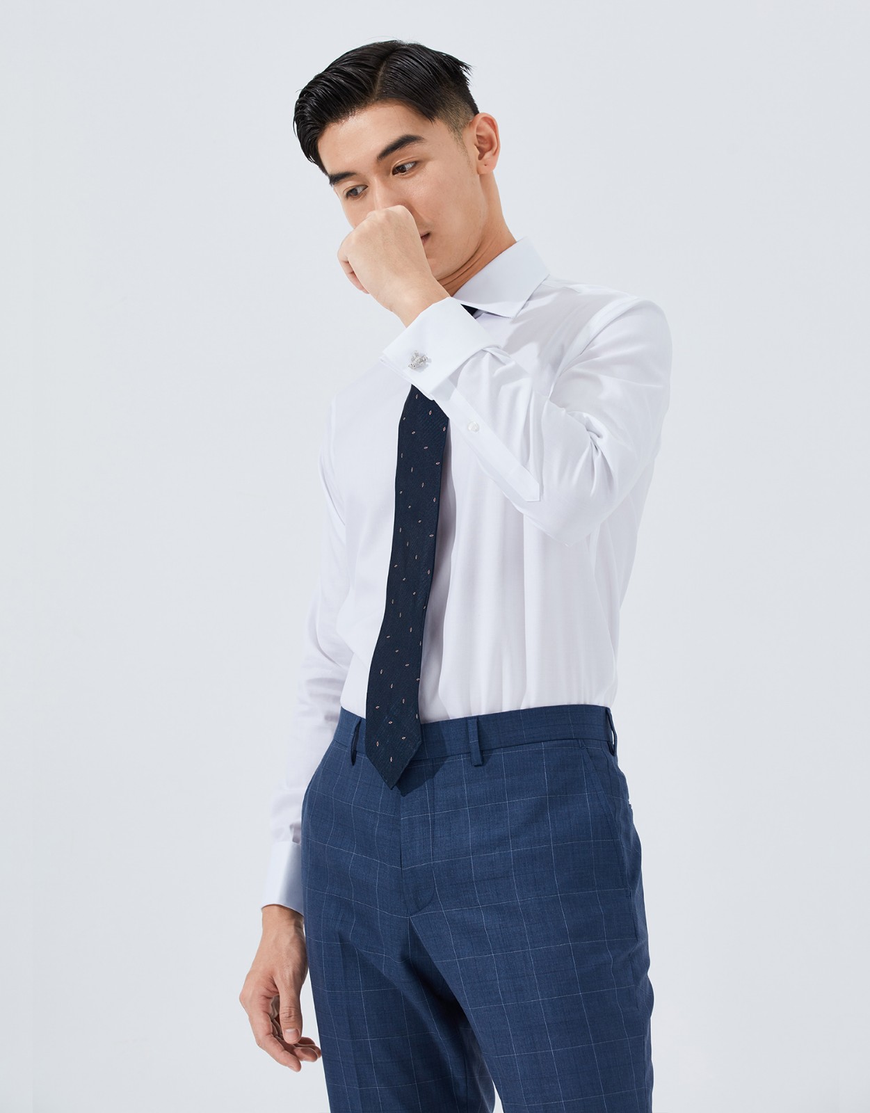 hany意式温莎领免烫法式白衬衫男高领袖扣袖口复古男士西装衬衣秋丹宁