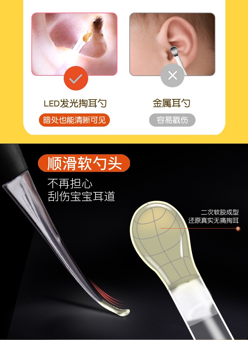 掏耳神器儿童发光专用工具扣挖掏耳朵宝宝婴儿硅胶带灯安全挖耳勺海岛