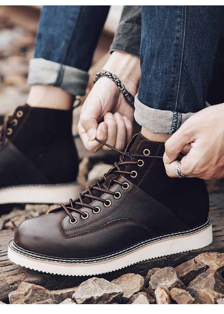 【澳洲进口】ausheep ugg男靴秋冬牛皮系带拼接休闲透气男鞋 咖啡色