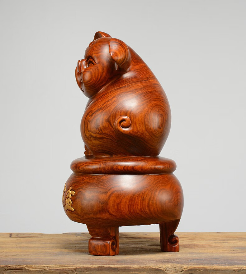 龙美佳花梨木雕猪摆件红木聚宝盆十二生肖福猪实木质创意可爱时尚桌面