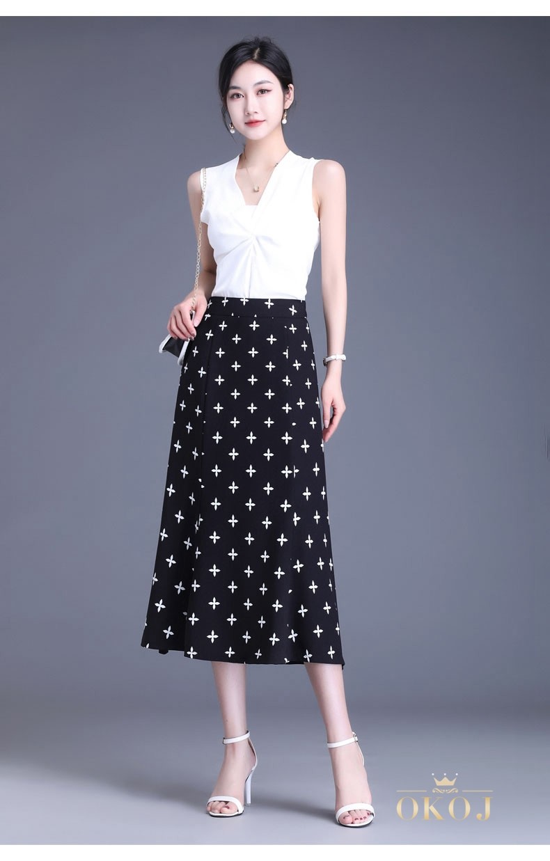 okoj品牌鱼尾半身裙女夏季新款雪纺时尚气质印花开叉中长款a字裙黑色l