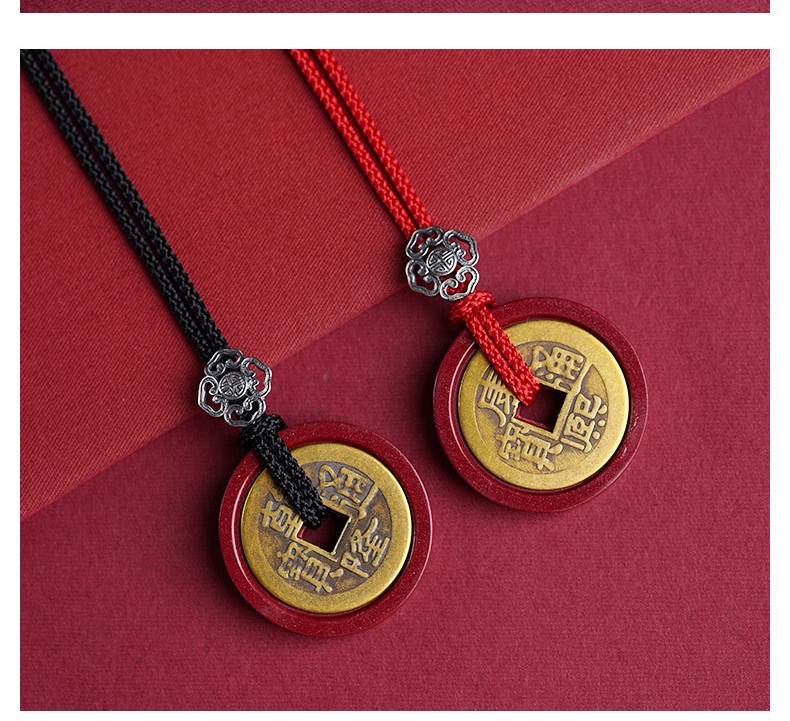 玉有情朱砂吊坠男女五帝钱项链纯铜古钱币顺治康熙雍正乾隆嘉庆吉祥物