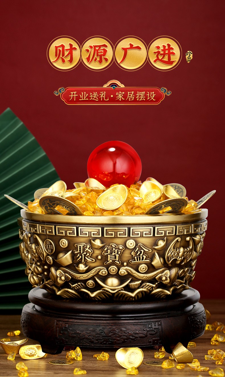 易水阁聚宝盆纯铜摆件风水招财开业送礼品家用装饰摆件全铜五路财神