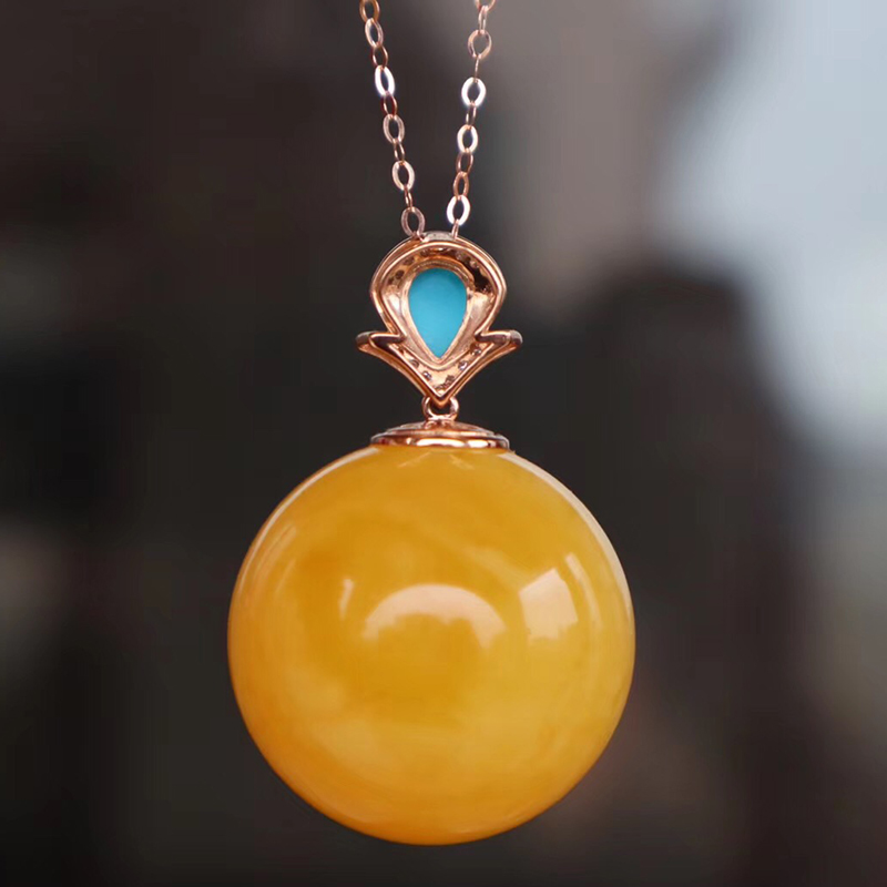 慈心缘 天然蜜蜡圆珠吊坠 18k金镶嵌满蜜红花蜡蜜蜡琥珀挂件男女项链