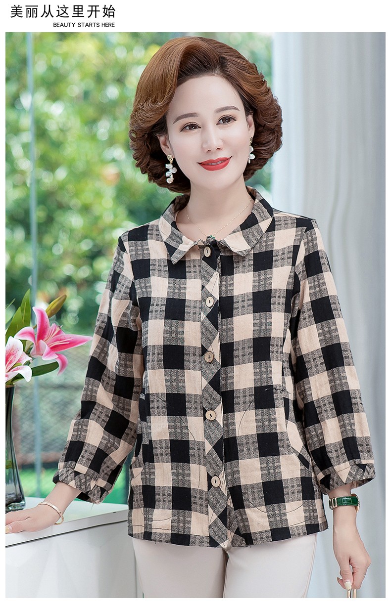 中老年女装2022年夏季新款格子衬衣女短款薄外套妈妈装宽松长袖休闲