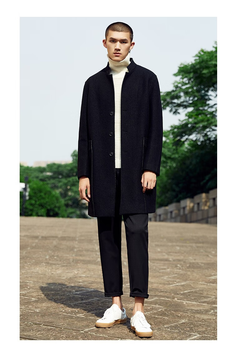 riverstone男装男士羊毛大衣中长款冬季新款韩版修身毛呢外套男黑色s