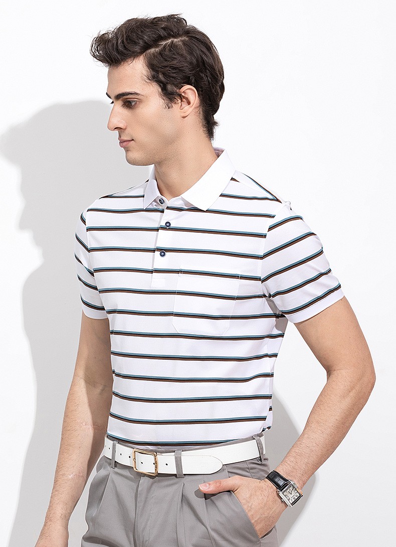 浪登翻领男士短袖t恤2022夏季新款中年修身条纹带胸袋上衣蓝色xxxl