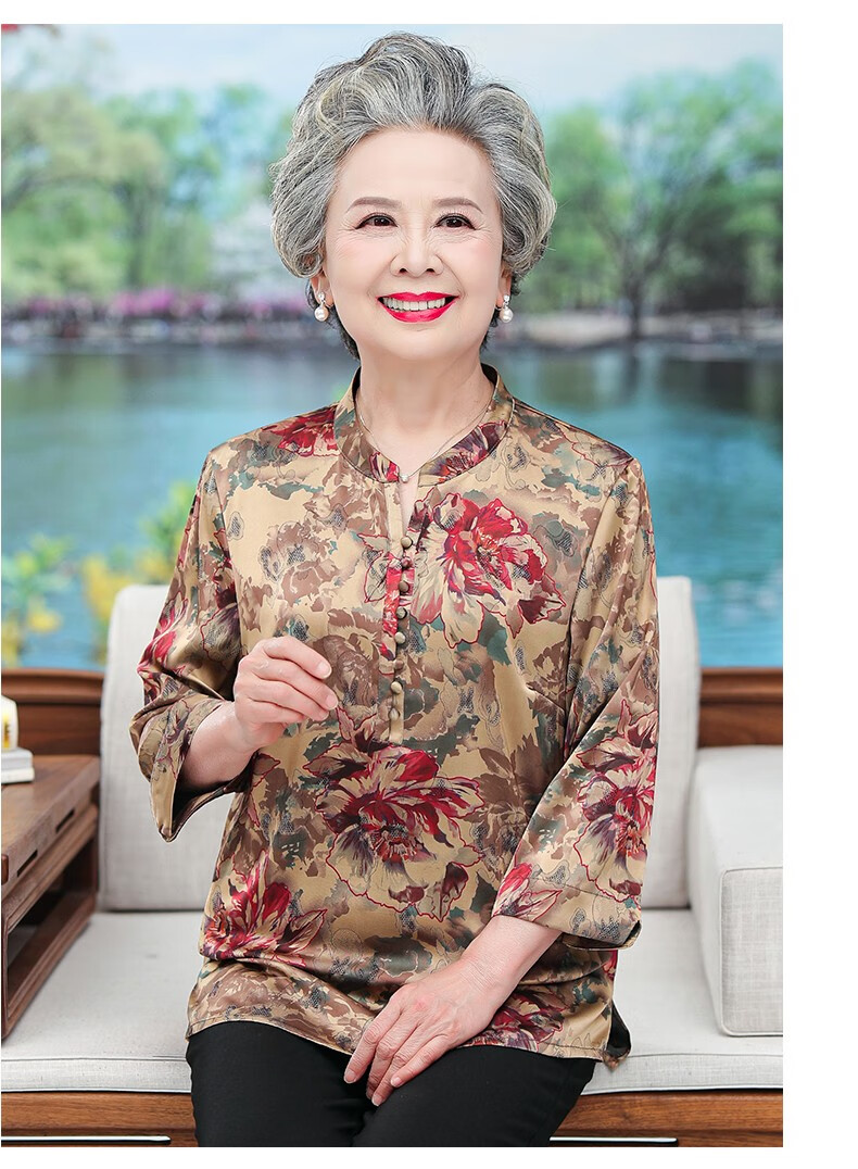 夏装女奶奶装套装仿真丝上衣老人衣服老年妈妈装夏季衬衫老太太服装薄