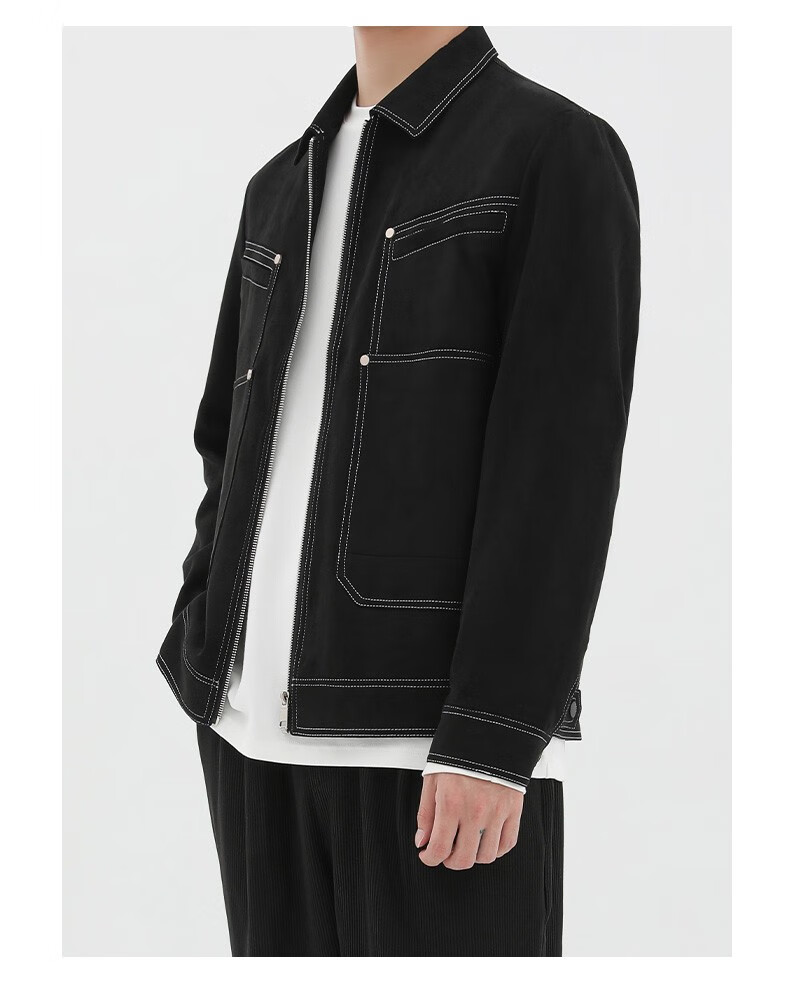 【商城同款】anyview 男装 夹克男明线潮流茄克仿麂皮夹克外套秋 黑色