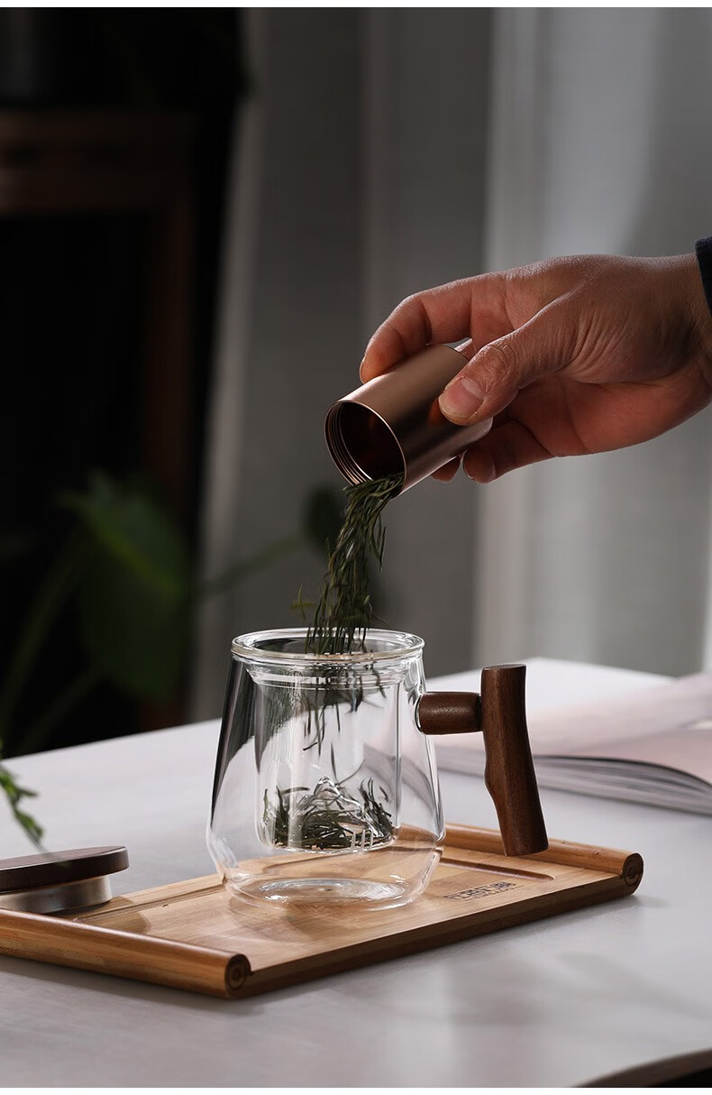 高茗玻璃办公杯茶水分离男士个人专用茶道杯带把观山水杯泡茶过滤杯子