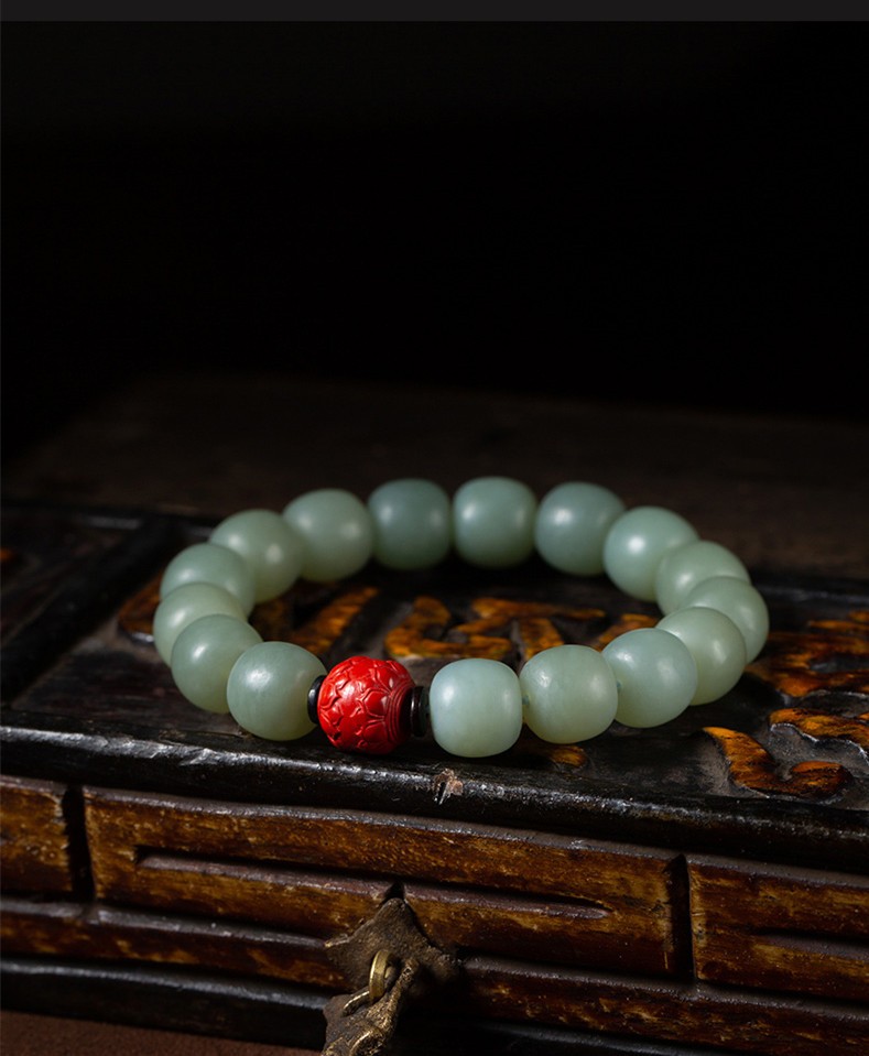 龙隐红香绿玉和田玉玉石手链男士款手串新疆且末蓝配朱砂莲花原创民族