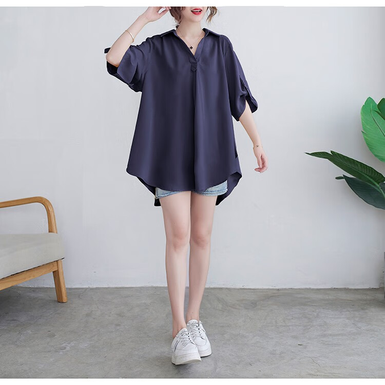 胖人夏季显瘦雪纺衬衫肥胖女人穿的宽松遮肚子休闲短袖上衣肥婆衣服