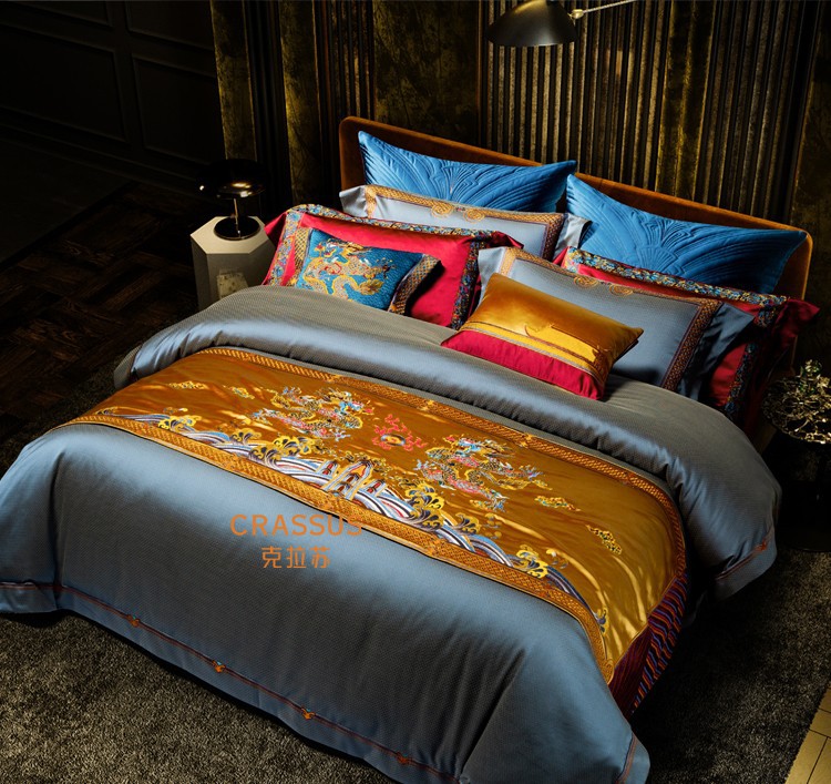 克拉苏家纺宫廷风奢华140s锦缎床上用品龙刺绣床旗四件套全棉长绒棉