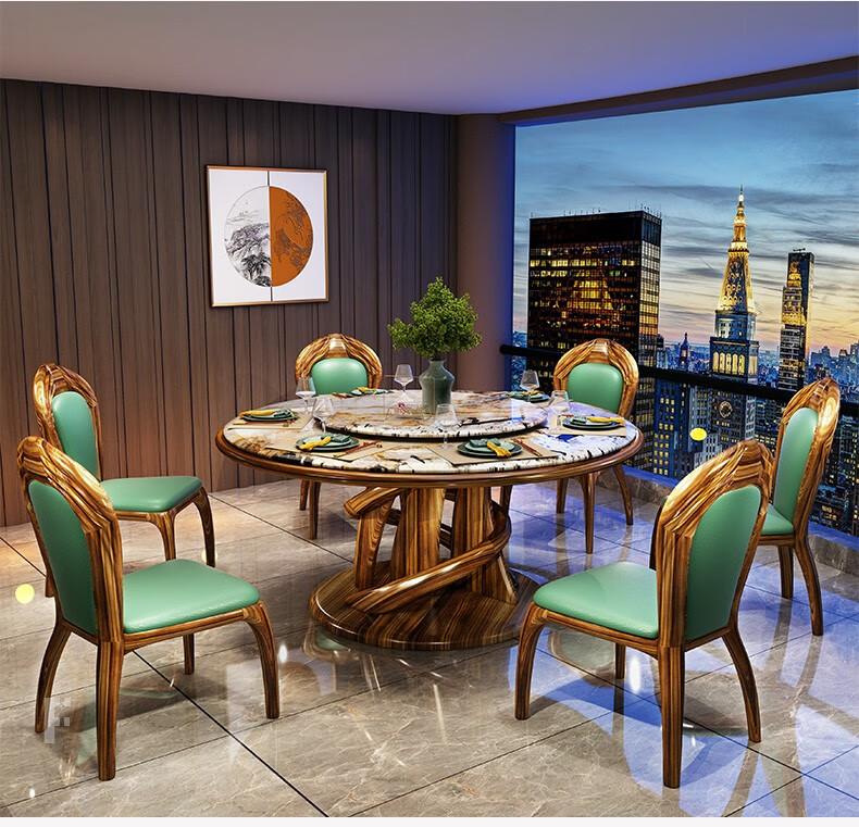 弗斯法瑟 乌金木圆餐桌新中式实木家用大小户型餐厅大理石奢石餐桌椅