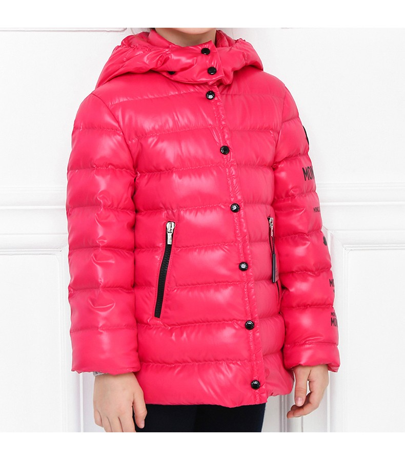 moncler 盟可睐蒙口tulipe 童装黑色袖标多英文玫红色连帽羽绒服 4 岁