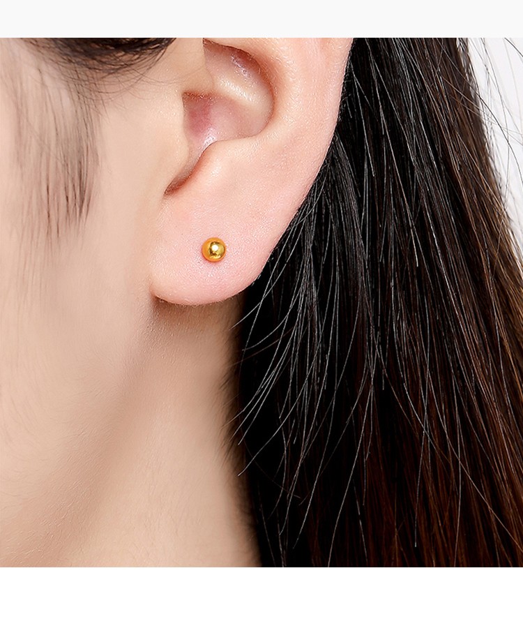 老凤凰 黄金耳钉999足金光面豆豆小金珠耳钩磨砂圆珠百搭弯钩款养耳棒