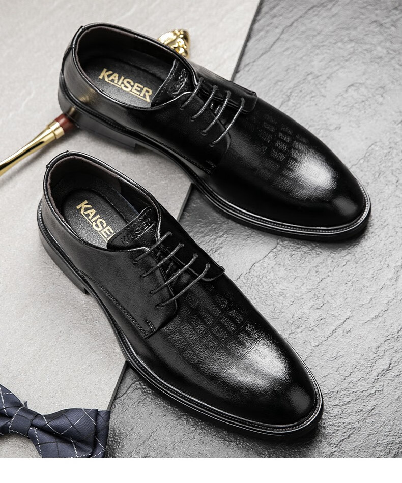 kaiser凯撒英伦商务正装皮鞋男头层牛皮套脚爸爸大头休闲鞋真皮黑色38