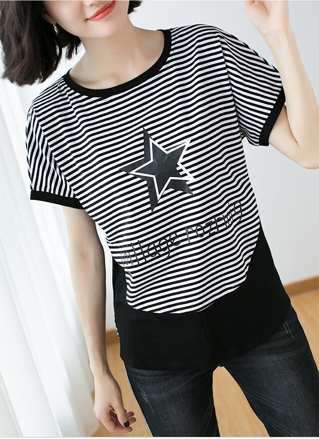 宽松条纹t恤女撞色夏天女装短袖上衣宽松韩版园领纯棉质胖女人百搭不
