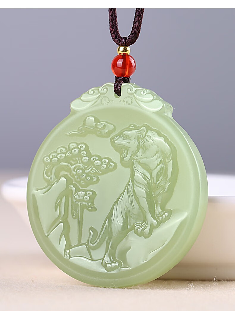 瑱瑜珠宝和田玉老虎吊坠圆形虎牌项链上山虎下山虎生肖虎属虎挂件玉坠