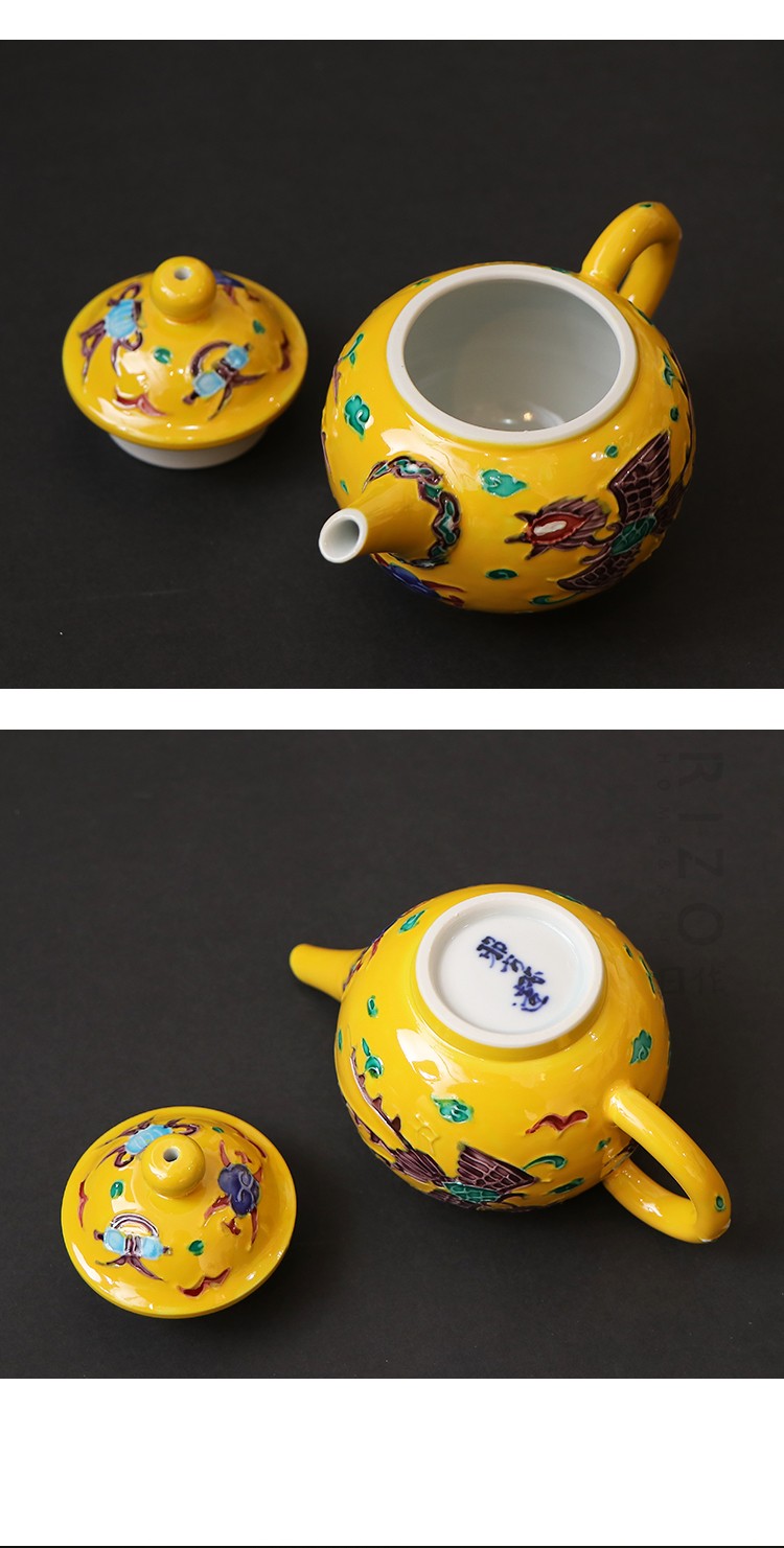日本进口清水烧陶瓷泡茶壶昭阿弥黄交趾后手龙凤凰唐草纹急须壶款二