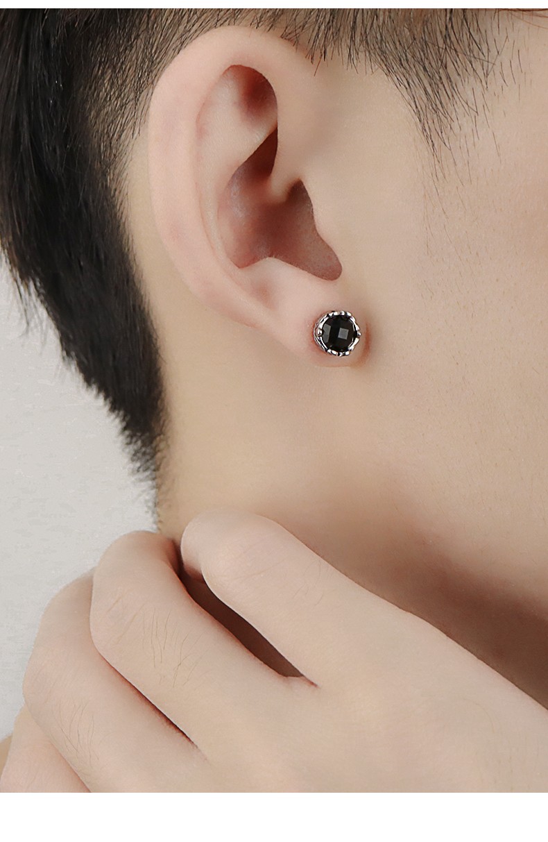 戚小米黑玉髓银耳钉男潮学生耳钉气质百搭黑色单只韩国气质个性简约网