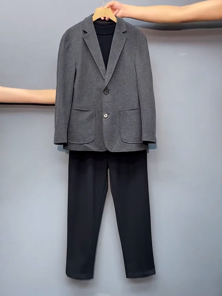 微胖男生显瘦套装秋冬季毛呢小西装西服套装外套男帅气潮牌呢子休闲