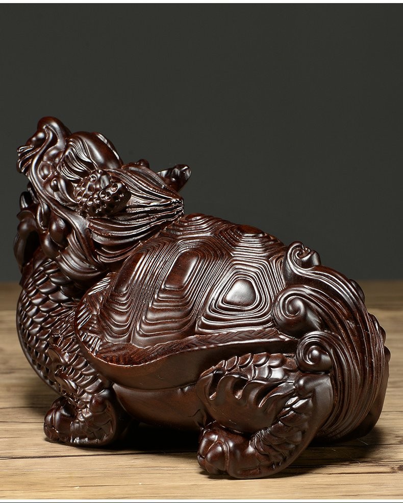 浣彩黑檀木雕龙龟摆件红木雕刻工艺品实木龙头龟玄武家居办公装饰摆设