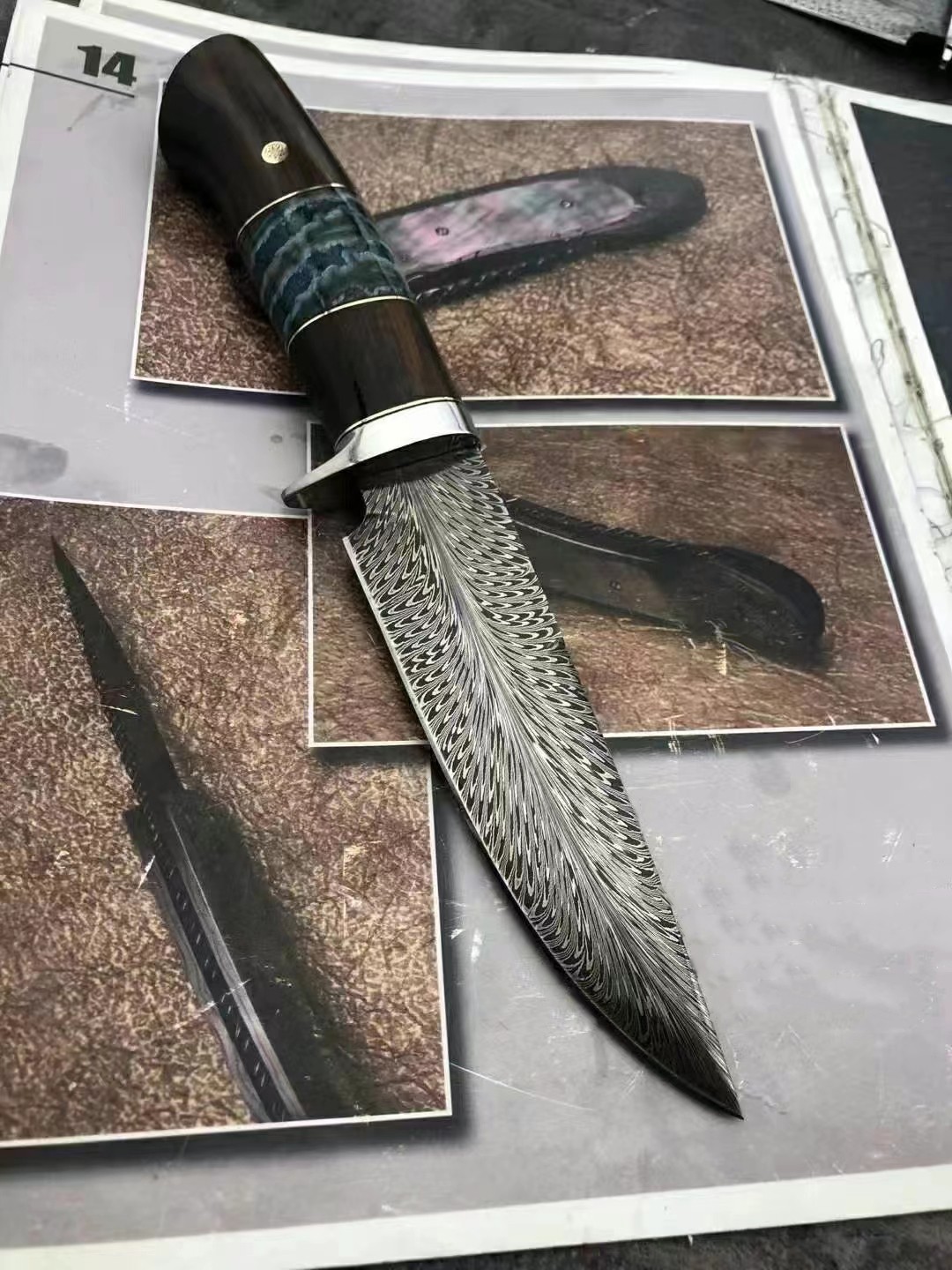 硕哥瑞典钢直刀羽毛纹直刀大马士革钢刀户外小刀野营用刀沙漠铁木手柄