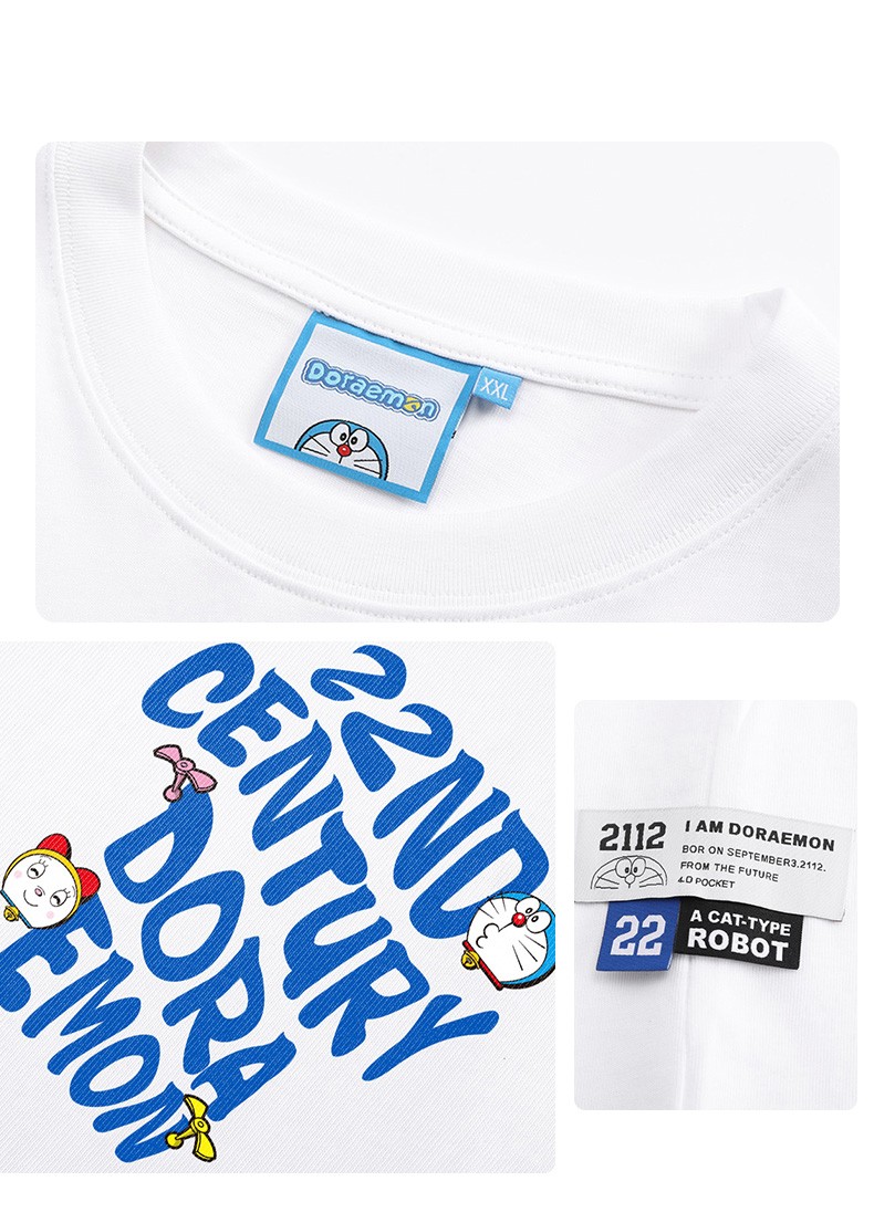 doraemon哆啦a梦机器猫头像字母印花宽松圆领休闲短袖t恤男女同款白色