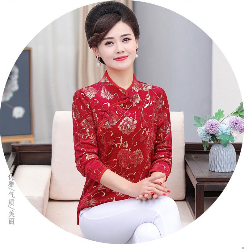 春秋唐装中老年中国风洋气旗袍小衫中年女装打底衫60岁老太太喜庆上衣